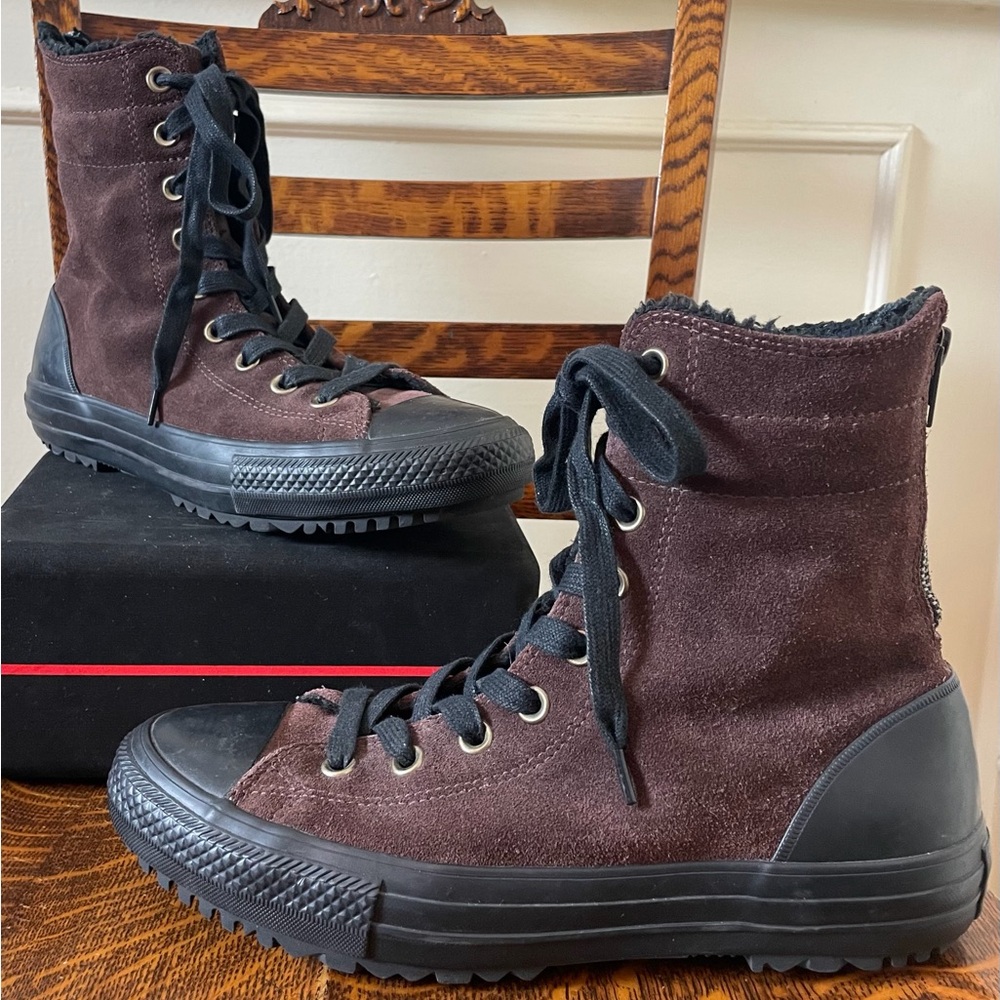 Converse Chocolate Brown Suede High Tops with Sherpa Lining and Back Zip